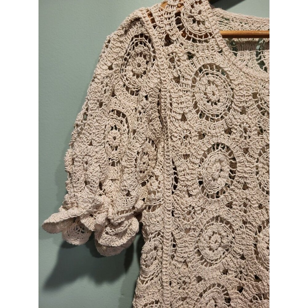 Solitaire Beige Open Knit Short Puff Sleeve Cottagecore Top Sz M - Picture 3 of 9